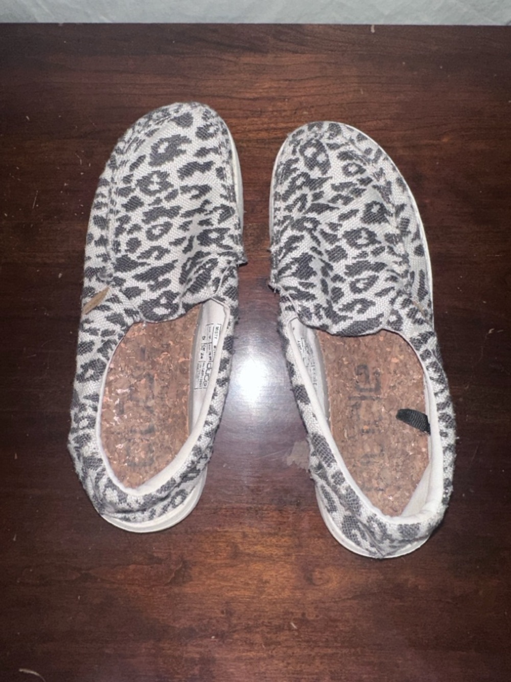 Hey Dude Women's Slip-On Leopard Print Flats in White and Gray
